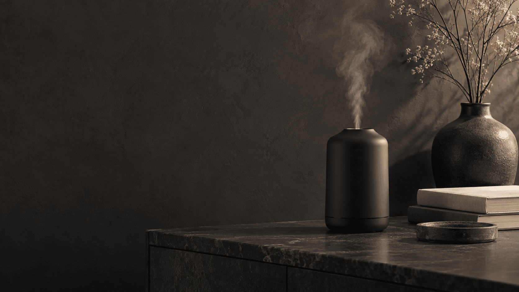 Matte black waterless aroma diffuser in a dark modern interior
