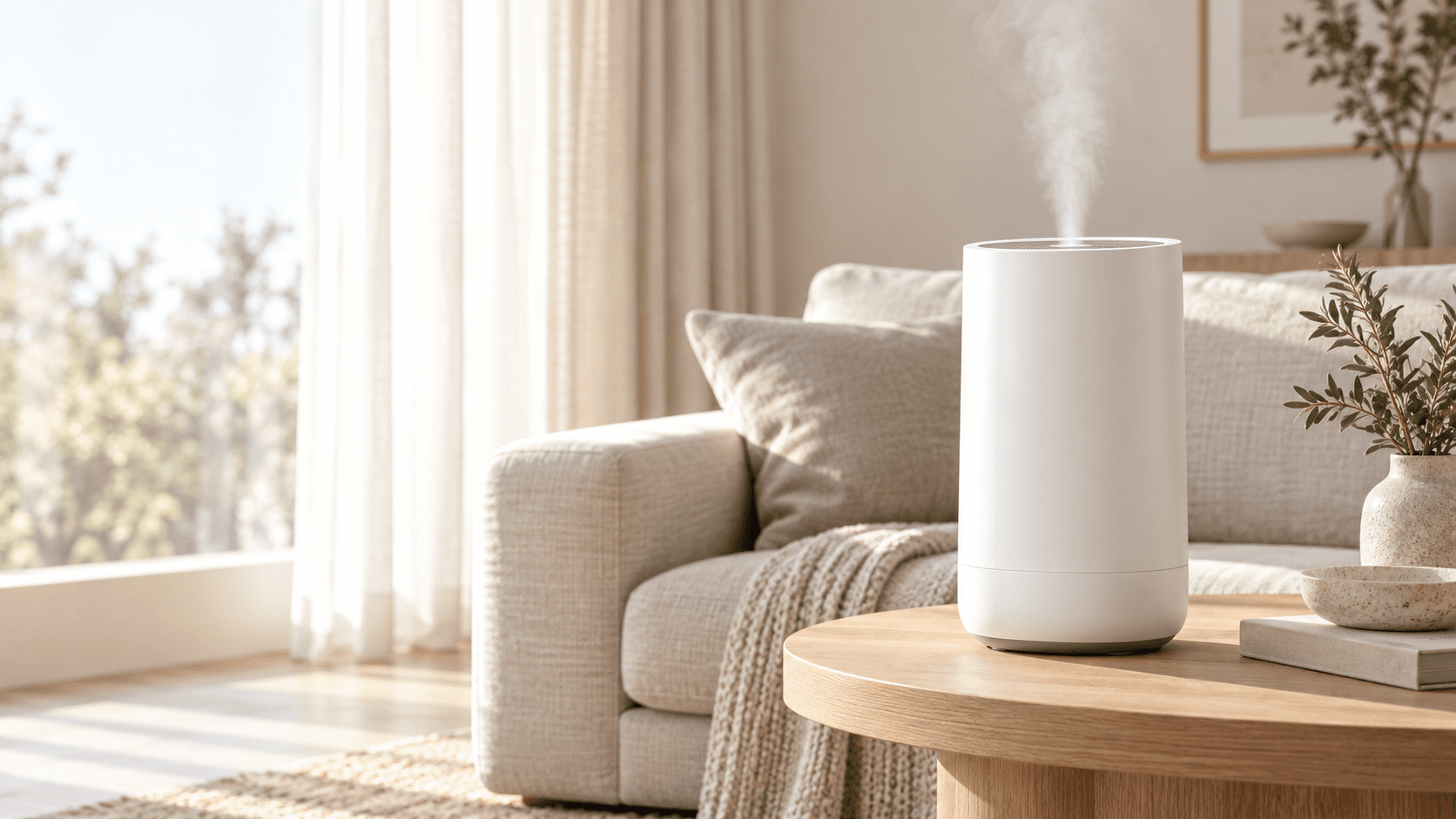 White humidifier in a warm modern living room