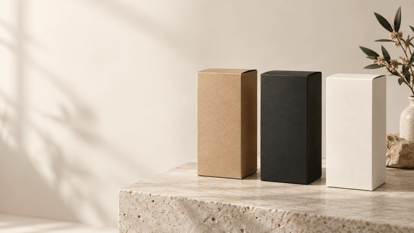 Minimal OEM packaging in black, white and kraft finishes